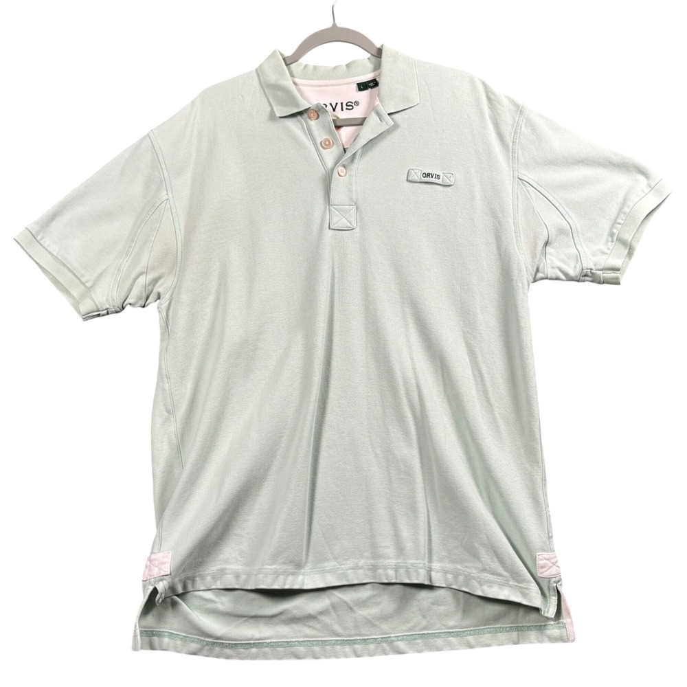 Orvis Polo Shirt‎ Mens Large Sage Green Pique Cotton Short Sleeve Logo Casual